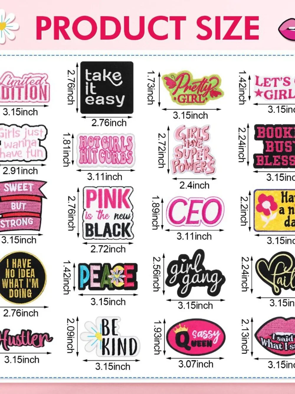 Lyrow 20 Pcs Phrase Iron on Patches Hot Pink Patches for Hats Girls Power Embroi